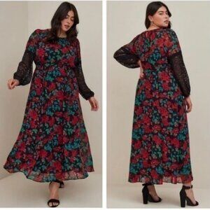 Torrid Chiffon Black Red Floral Lace Long Sleeve Maxi Peasant Dress Size 1